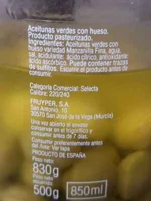 Lista de ingredientes del producto Aceitunas El Cultivador 830 g