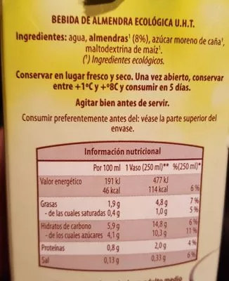 Lista de ingredientes del producto Bebida de almendra GutBio 1 l