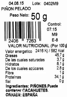 Lista de ingredientes del producto Piñón pelado nacional Medina 50 g