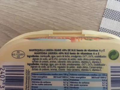 Lista de ingredientes del producto Mantequilla Ligera  250 g