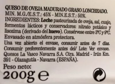 Lista de ingredientes del producto Queso oveja en lonchas Caminos del Tormes 