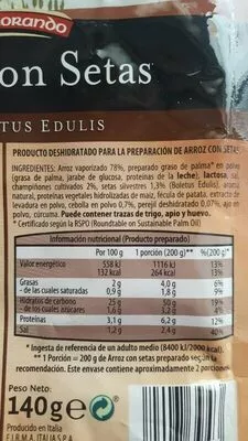 Lista de ingredientes del producto Arroz con setas Casa Morando 140 g