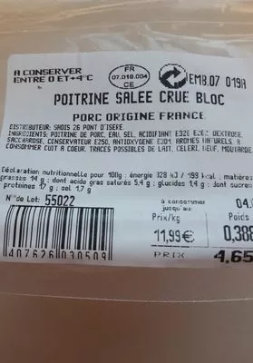 Lista de ingredientes del producto Bloc poitrine salée crue Intermarche 