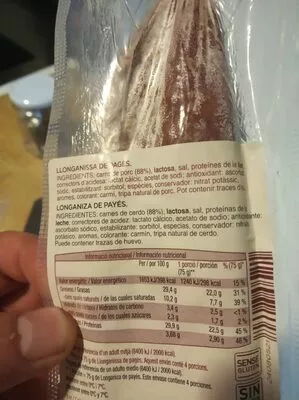 Lista de ingredientes del producto Llonganissa de pagès bona vianda 