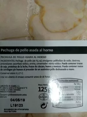 Lista de ingredientes del producto Muslo de pollo asado La Tabla de Aldi 125 g