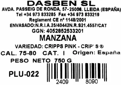 Lista de ingredientes del producto Manzana Dasben 750 g