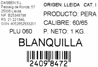 Lista de ingredientes del producto Pera blanquilla Dasben 1 Kg