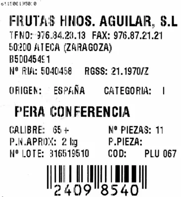 Lista de ingredientes del producto Peras Conferencia Aguilar 2 Kg