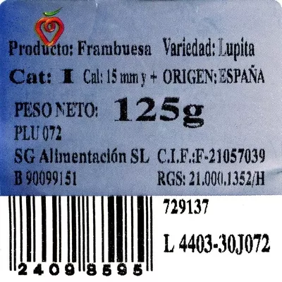 Lista de ingredientes del producto Frambuesas  125 g