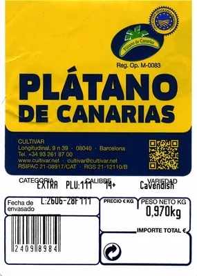 Lista de ingredientes del producto Plátano de Canarias I.G.P Cultivar 1 Kg (aprox.)