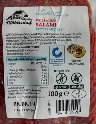 Lista de ingredientes del producto Delikatess Salami fettreduziert Mühlenhof 100 g