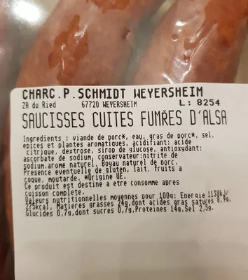 Lista de ingredientes del producto saucisses cuites fumées d'alsace charcuterie P. Schmidt 360g