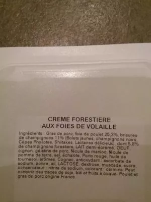 Lista de ingredientes del producto Crème Forestière aux foies de volaille Carrefour 0.195 kg