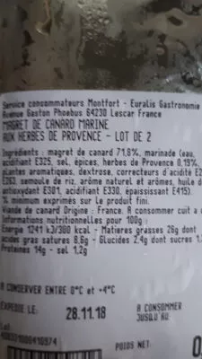 Lista de ingredientes del producto magret de canard mariné aux herbes de provence montfort 2