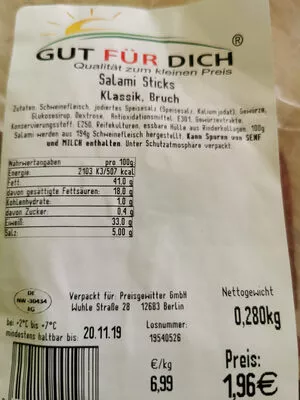 Lista de ingredientes del producto Salami Sticks Klassik, Bruch Gut für Dich 280 g