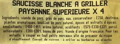 Lista de ingredientes del producto Saucisse blanche à griller paysanne supérieure ×4 Zentz 510 g