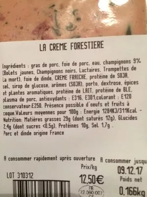 Lista de ingredientes del producto Creme fotestiere U 