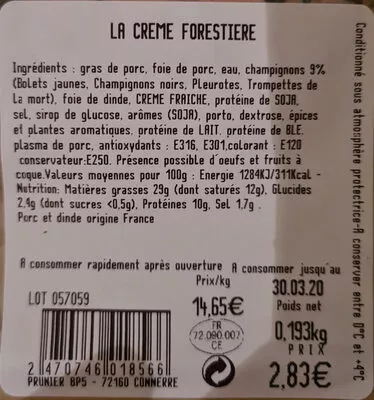 Lista de ingredientes del producto Crème forestière Prunier 200 g