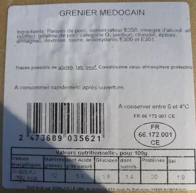 Lista de ingredientes del producto GRENIER MEDOCAIN Mainjolle 220g