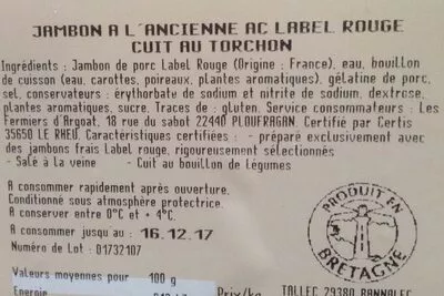 Lista de ingredientes del producto Jambon à l'ancienne Le Porc de nos Villages 140 g