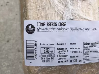 Lista de ingredientes del producto Tomme brebis corse Le Fromager Des Halles 