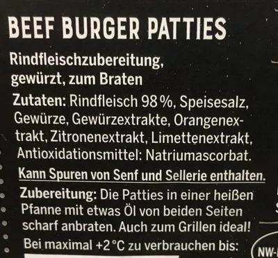 Lista de ingredientes del producto Beef burger patties  