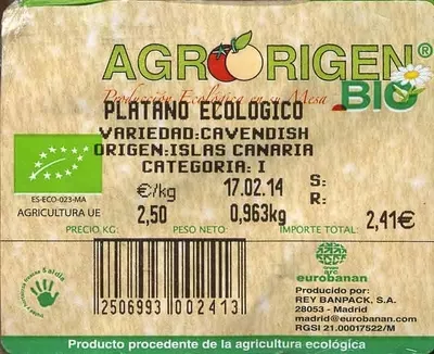 Lista de ingredientes del producto Plátanos ecológicos Agrorigen 960 g (variable)