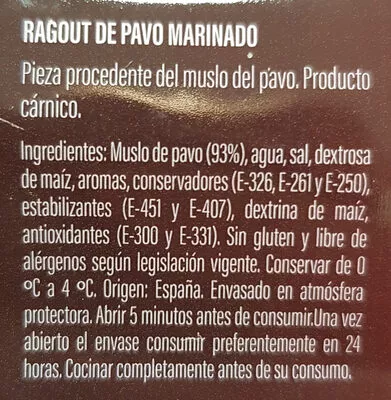 Lista de ingredientes del producto Ragout de pavo marinado Elpozo 