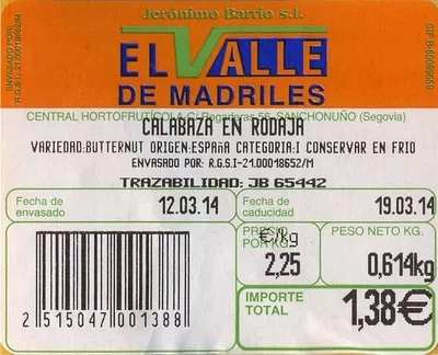 Lista de ingredientes del producto Calabaza troceada El Valle de Madriles 600 g (variable)