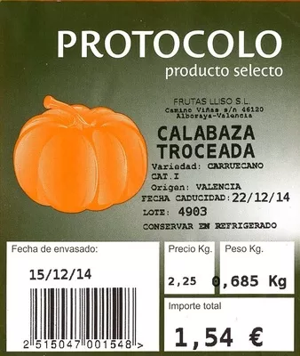 Lista de ingredientes del producto Calabaza troceada Protocolo 685 g (variable)