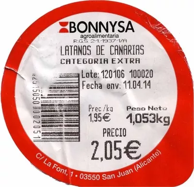 Lista de ingredientes del producto Plátanos de Canarias Bonnysa 1 Kg (variable)