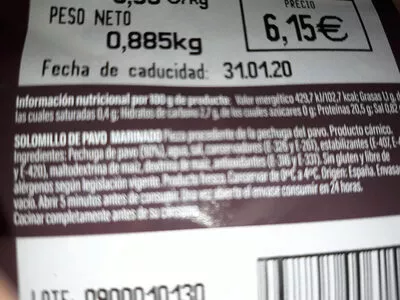 Lista de ingredientes del producto pechuga de pavo turkey lovers 885 g