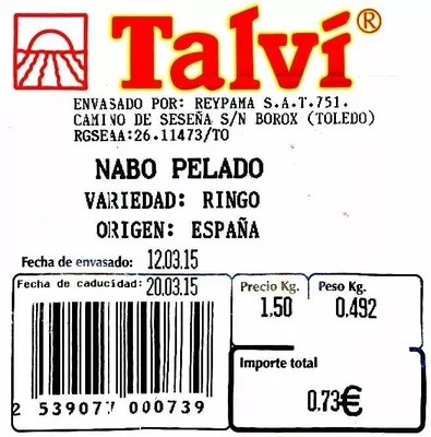 Lista de ingredientes del producto Nabos blancos pelados Talví 500 g (aprox.)