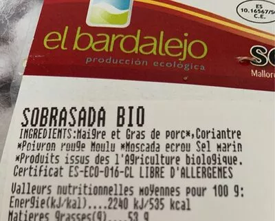 Lista de ingredientes del producto Soubressade  