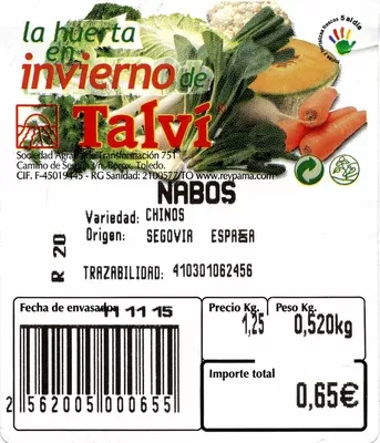 Lista de ingredientes del producto Nabos blancos Talví 520 g (variable)