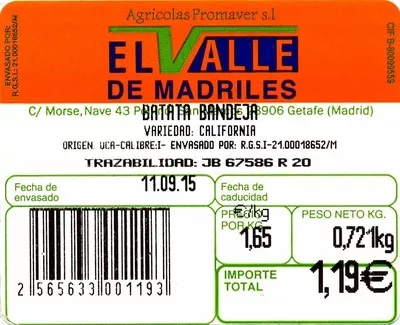 Lista de ingredientes del producto Batatas El Valle de Madriles 2 piezas (peso variable)