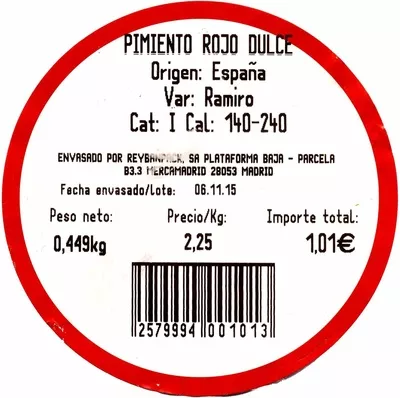 Lista de ingredientes del producto Pimientos rojos Reybanpack 449 g (variable)