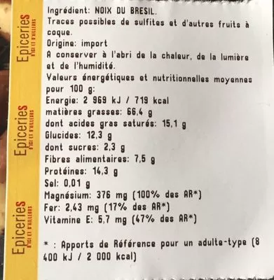 Lista de ingredientes del producto Noix du bresil decortiquee  