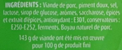 Lista de ingredientes del producto Chorizo Le Flutiau, Aldi 225 g