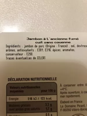 Lista de ingredientes del producto Jambon fumé à l’ancienne Domaine Picard 