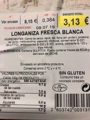 Lista de ingredientes del producto   