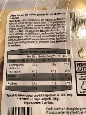 Lista de ingredientes del producto Crêpes a la savoyarde La cuisine des Saveurs, Aldi 330 g [même code barre 26042459 que : Saumon à l'oseille, voir 2000000034104 ; Colin d'Alaska sauce citron, voir 2000000034105 ; Emincé de volaille, voir 2000000034106]