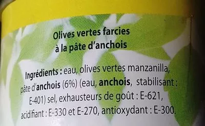 Lista de ingredientes del producto Olives farcies a la pâte d'anchois L'olivaé 300 g