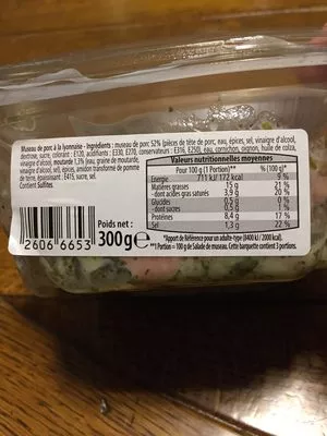 Lista de ingredientes del producto Salade de museau Deli’salades 1,3 g