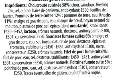 Lista de ingredientes del producto Choucroute garnie à l'alsacienne Belle d'alsace 1 kg