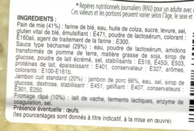 Lista de ingredientes del producto Croque-monsieur gratinés jambon fromage Bistro'vite! 480 g