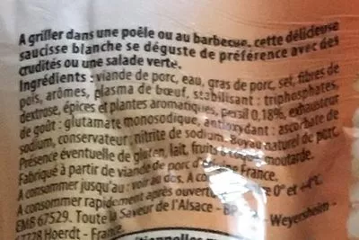 Lista de ingredientes del producto Saucisses Blanches Aldi, Épicurillades 400 g