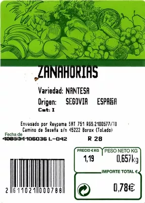 Lista de ingredientes del producto Zanahorias Reypama 650 g (aprox.)