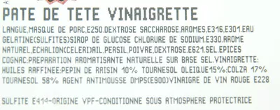 Lista de ingredientes del producto Pâté de tête vinaigrette Auchan, notre sélection 182 g.