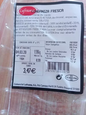 Lista de ingredientes del producto longaniza fresca de cerdo Leframa 